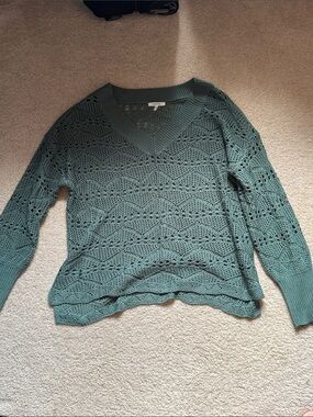 Maurices Open-Knit V-Neck Sweater in Sage Green
